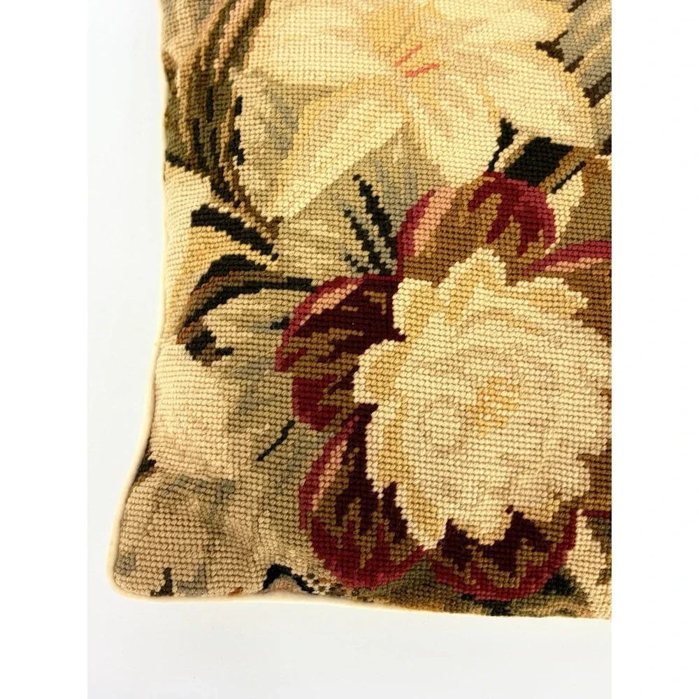 Vintage Floral Needlepoint Pillow Square Velvet Back Cottagecore 12